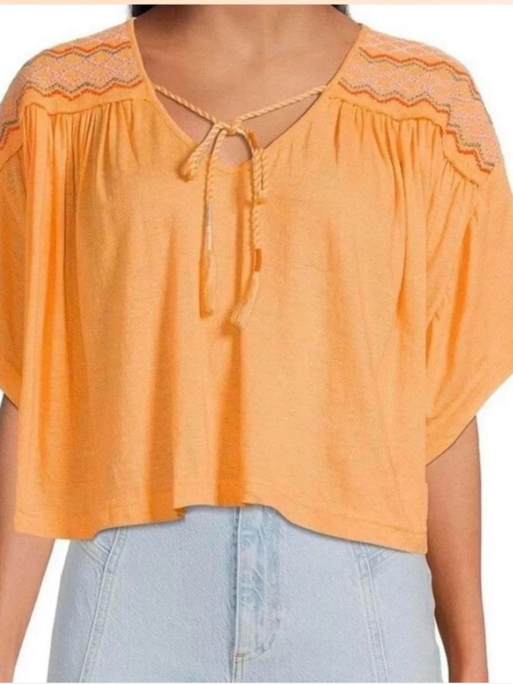 Free People Boho Embroidered V-Neck Peasant Top in Orange